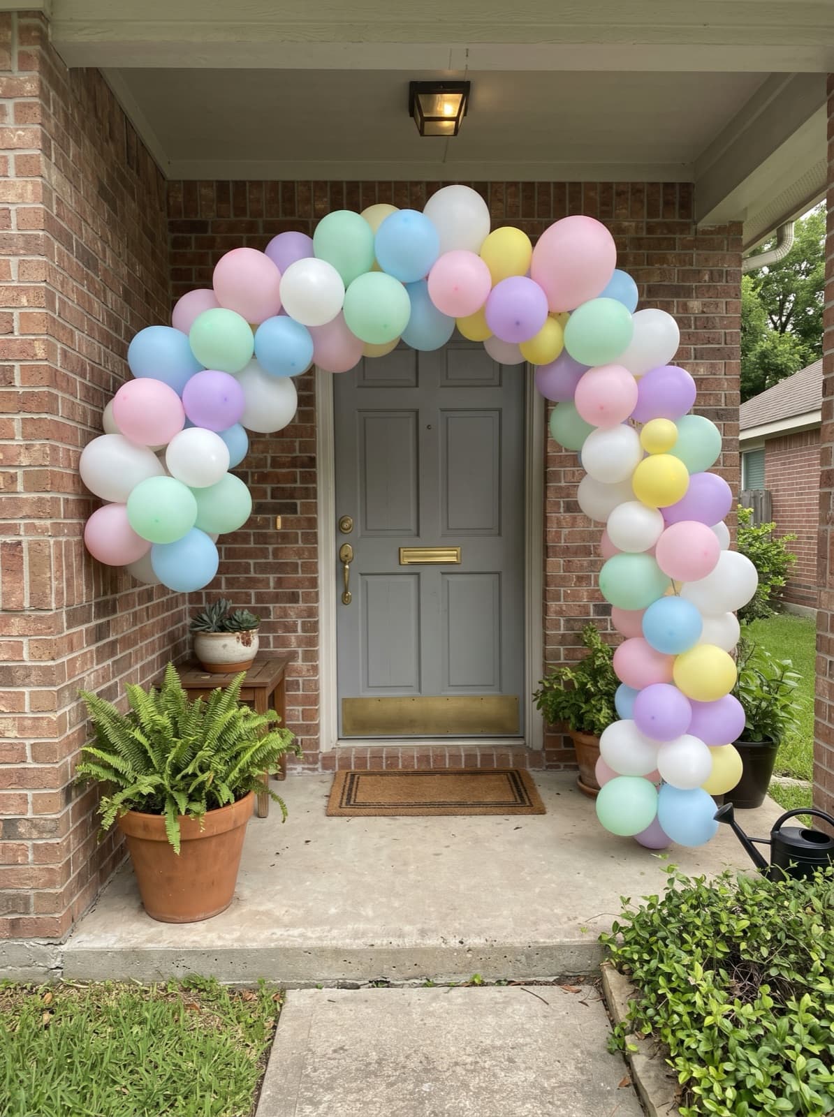Balloon arch over a front door with pastel and white balloons